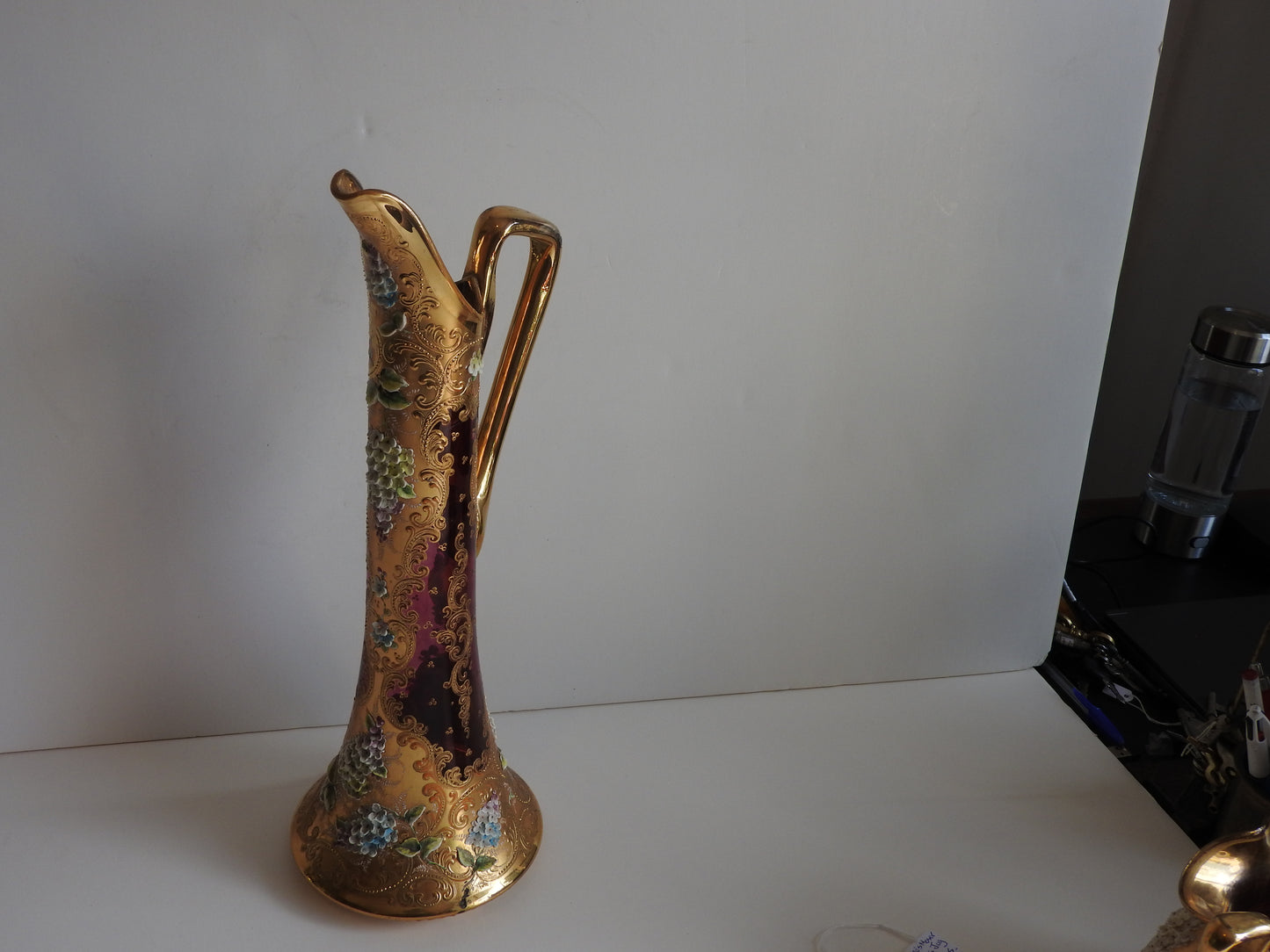 Moser Ruby Glass Jug with gilt & applied flowers c1930's