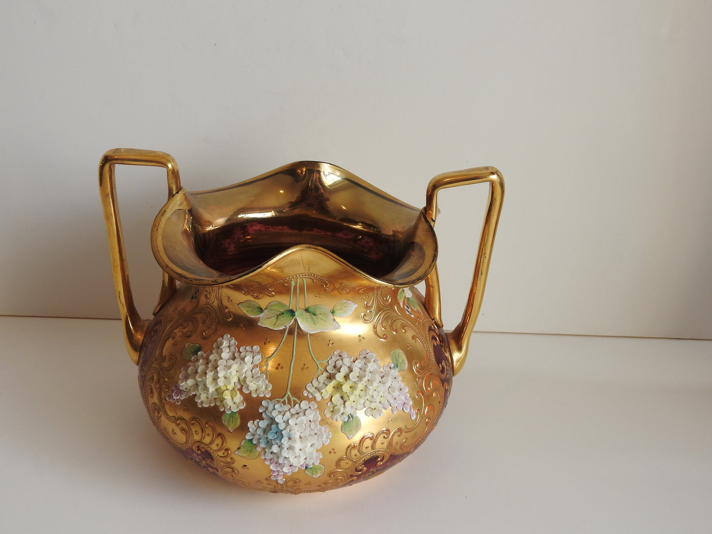 Moser Cranberry Glass twin handle Vase with gilt & flower overlay 1920's