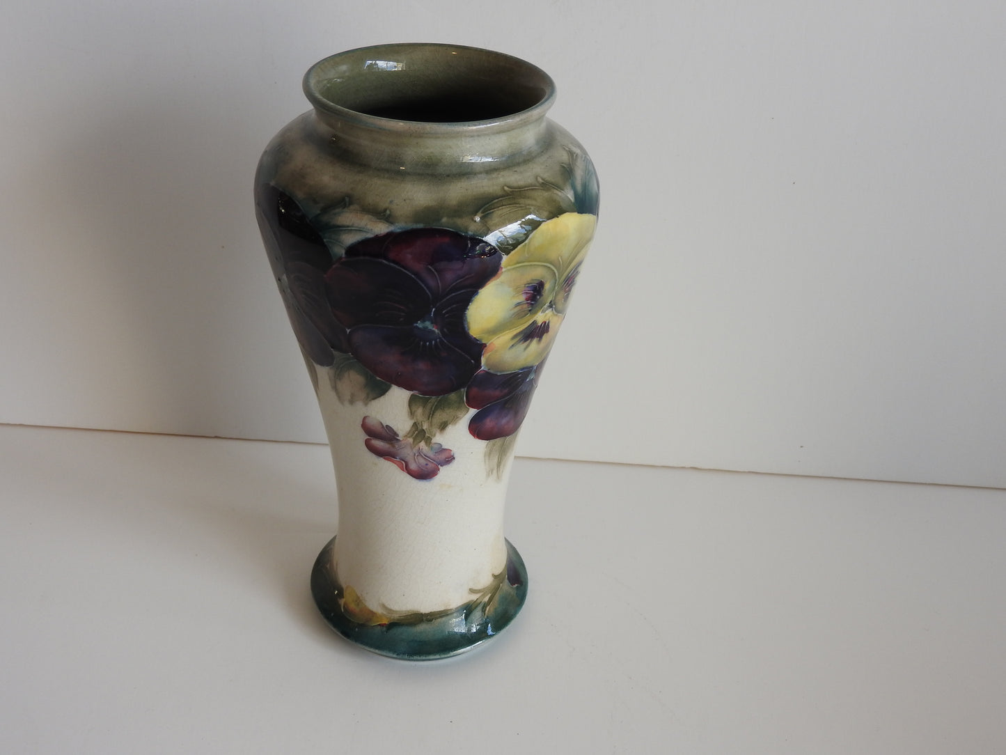 Moorcroft Pansy Vase c1920's on Cream and Green Background