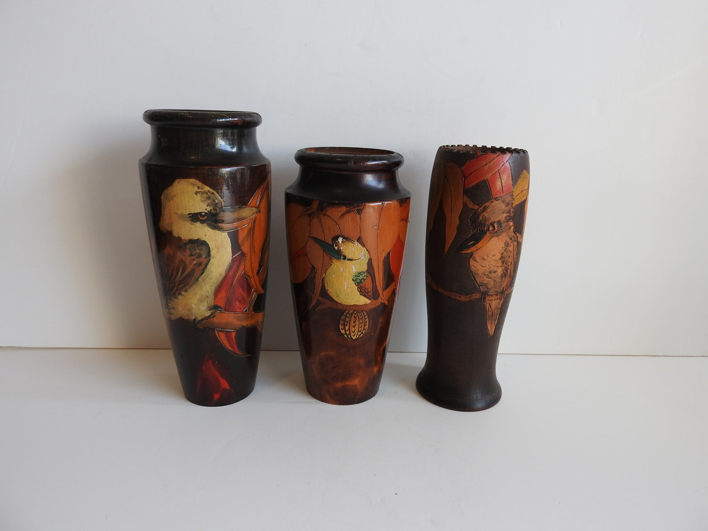 Australian Pokerwork Kookaburra Vases